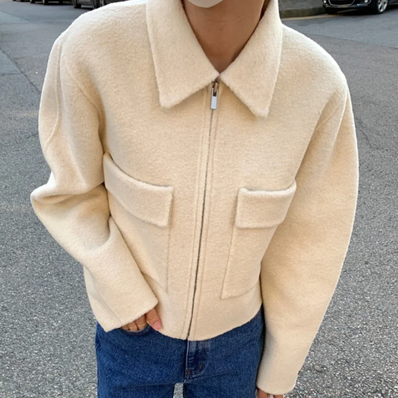 레트로 세련된 가을 겨울 긴 소매 지퍼 더블 포켓 루즈핏 칼라 모직 코트 세련된 다목적 짧은 스타일