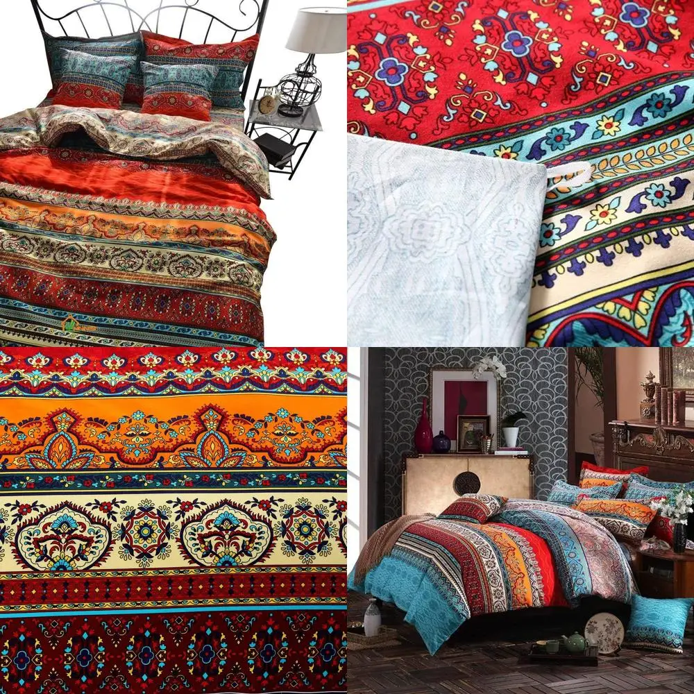 

Комплект пододеяльников King Size из хлопка в стиле бохо с 2-мя шамами, полосатое постельное белье с этническим цветочным принтом