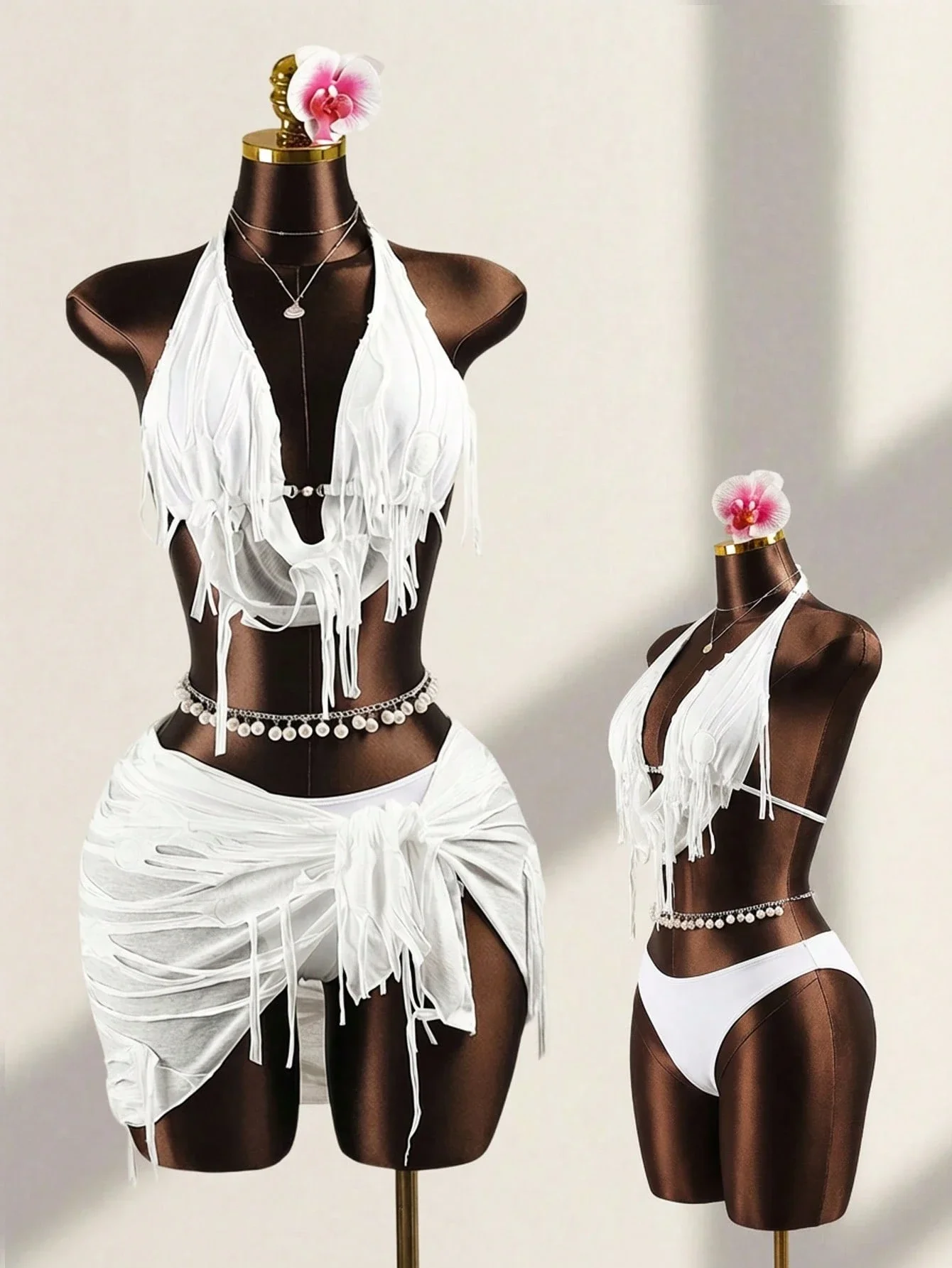 

White Fringe Halter Neck Bikini Set With Cover Up Skirt For Women