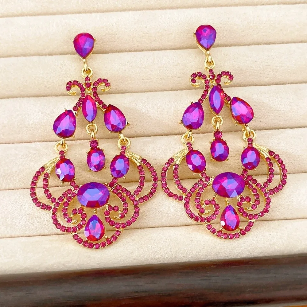 Exaggerated Rhinestone Drop Earrings Exquisite Hollow Design Long Teardrop Earrings Vintage Elegant Statement Earrings Evening