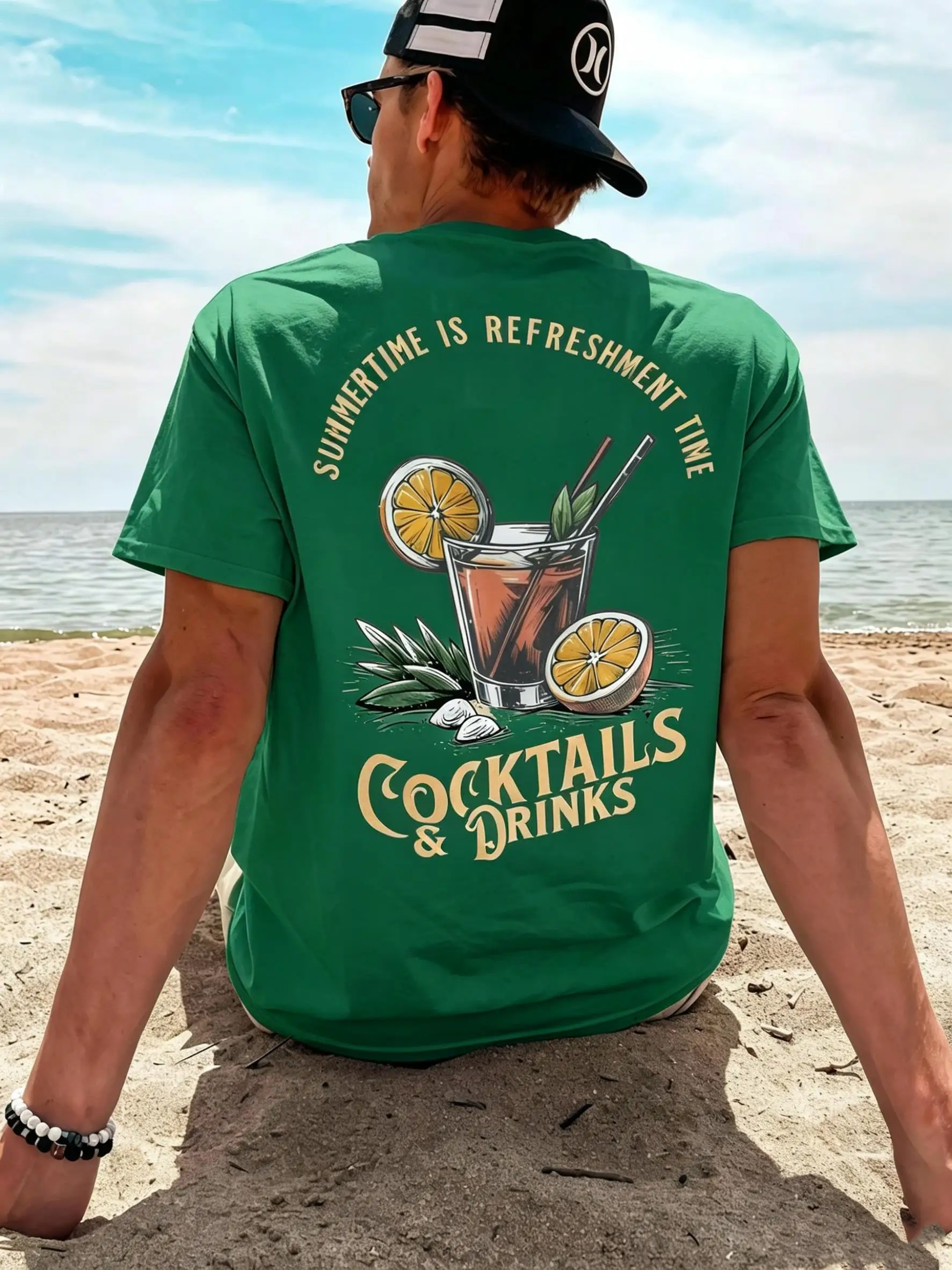 Summer Time Beach Lemon Cocktails Printing Men'S T-Shirt Cotton Loose T Shirt O-Neck Hip Hop Clothes Casual Fashion Sportswear