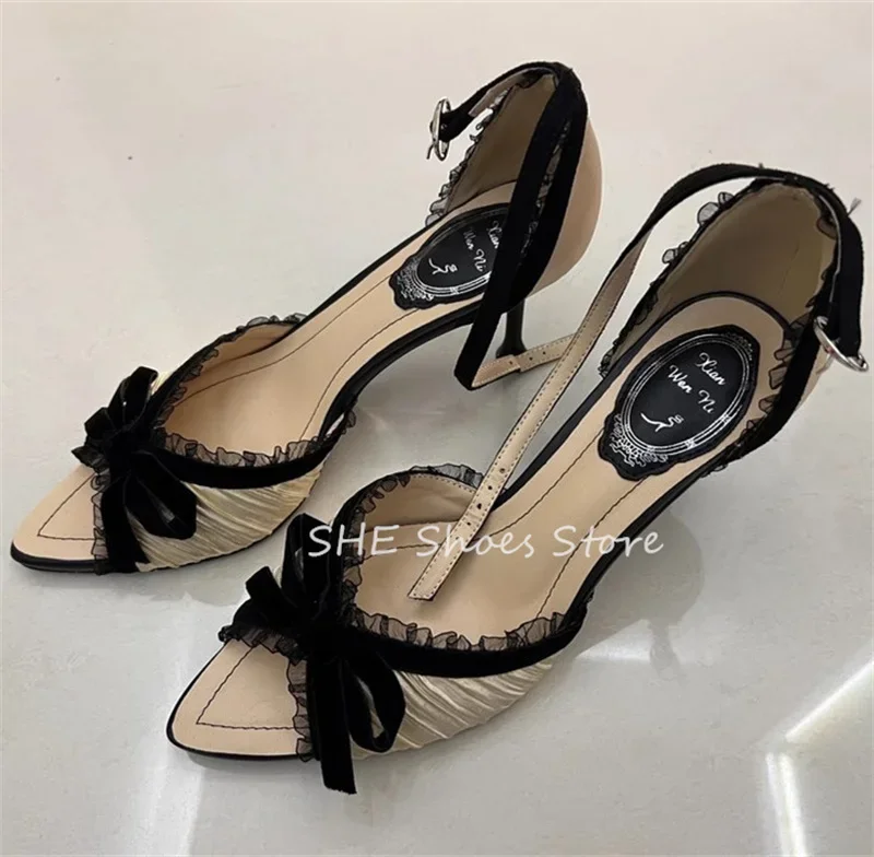 

Разноцветные женские сандалии с кружевом и одним ремешком, пикантные туфли-лодочки с открытым носком на тонком каблуке с ремешком на щиколотке и пряжкой, женские вечерние модельные туфли