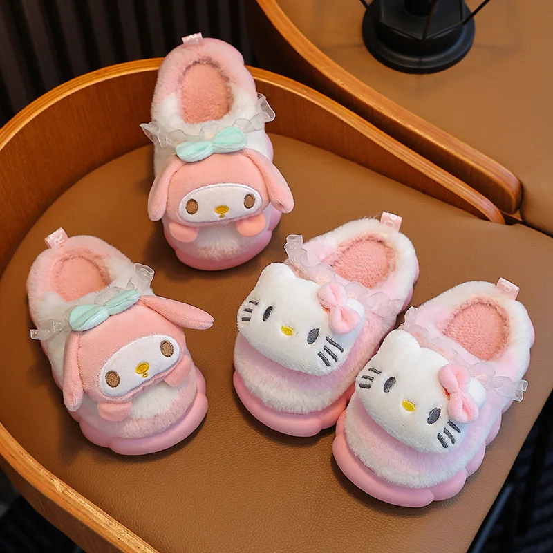 Sanrio Parent-child Cotton Slippers Pochacco Kurome Cinnamoroll Autumn and Winter Home Warm Fur Shoes Winter Baby Fur Slipper