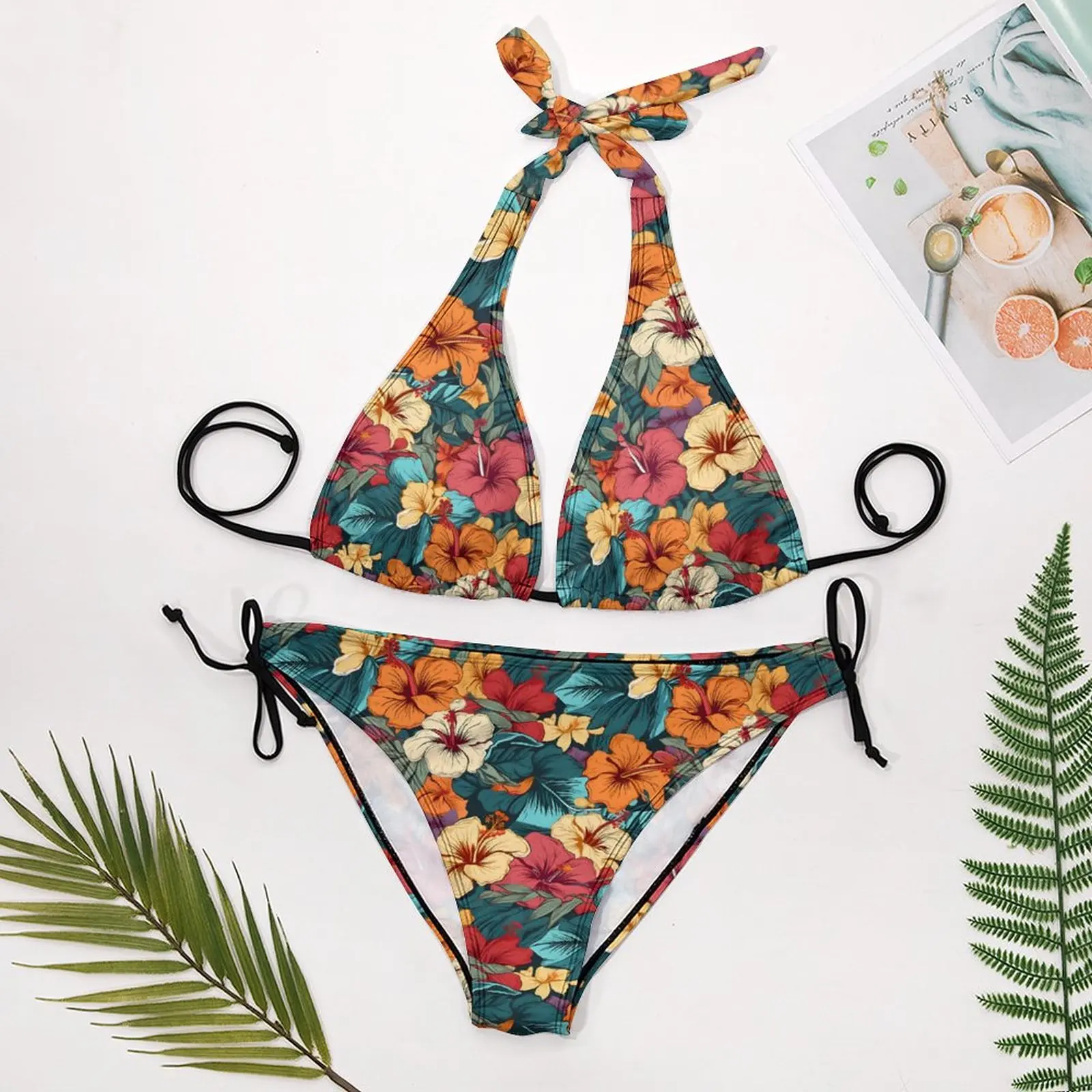 Sexy Tropical Floral Print Bikini Set Color Hibiscus Vintage Bikini Swimsuit Push Up Adjustable Swimwear Printed Beach Outfits