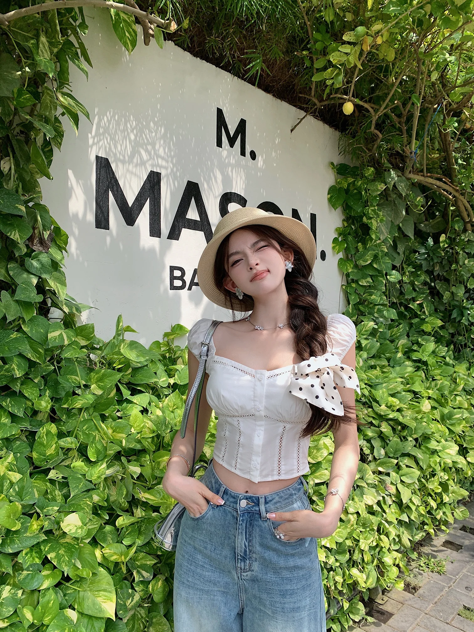 

Midsummer White Jasmine Light Cake Vintage Girl Square Collar Top Cute Sle Loose Fit ort Sve Thin Material Women's irt