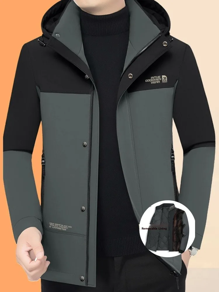 

Men's Detachable down Jaet Hooded Warmth Winter New Sle Anti-Cold Luxury Lightweight Outerwear Coat with Inner Liner