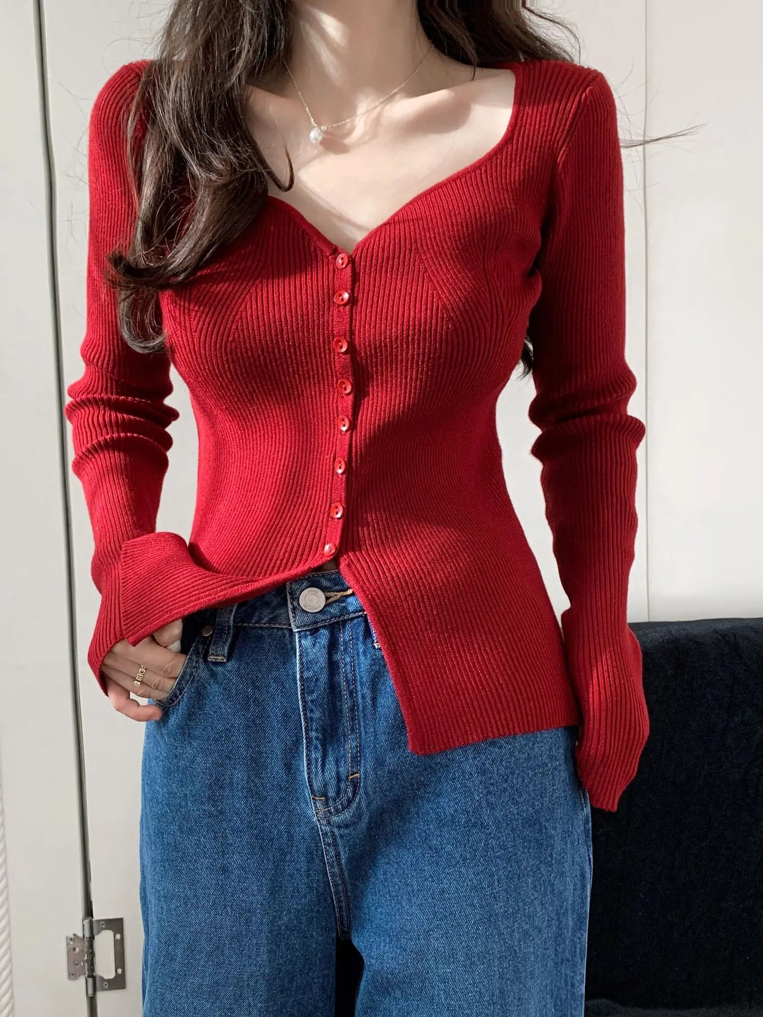 Sweet New Wine Red Single Breasted V-neck Sweater Cardigan Thick Sweater Fashion Korean Women Autumn Sweet 9CGQ