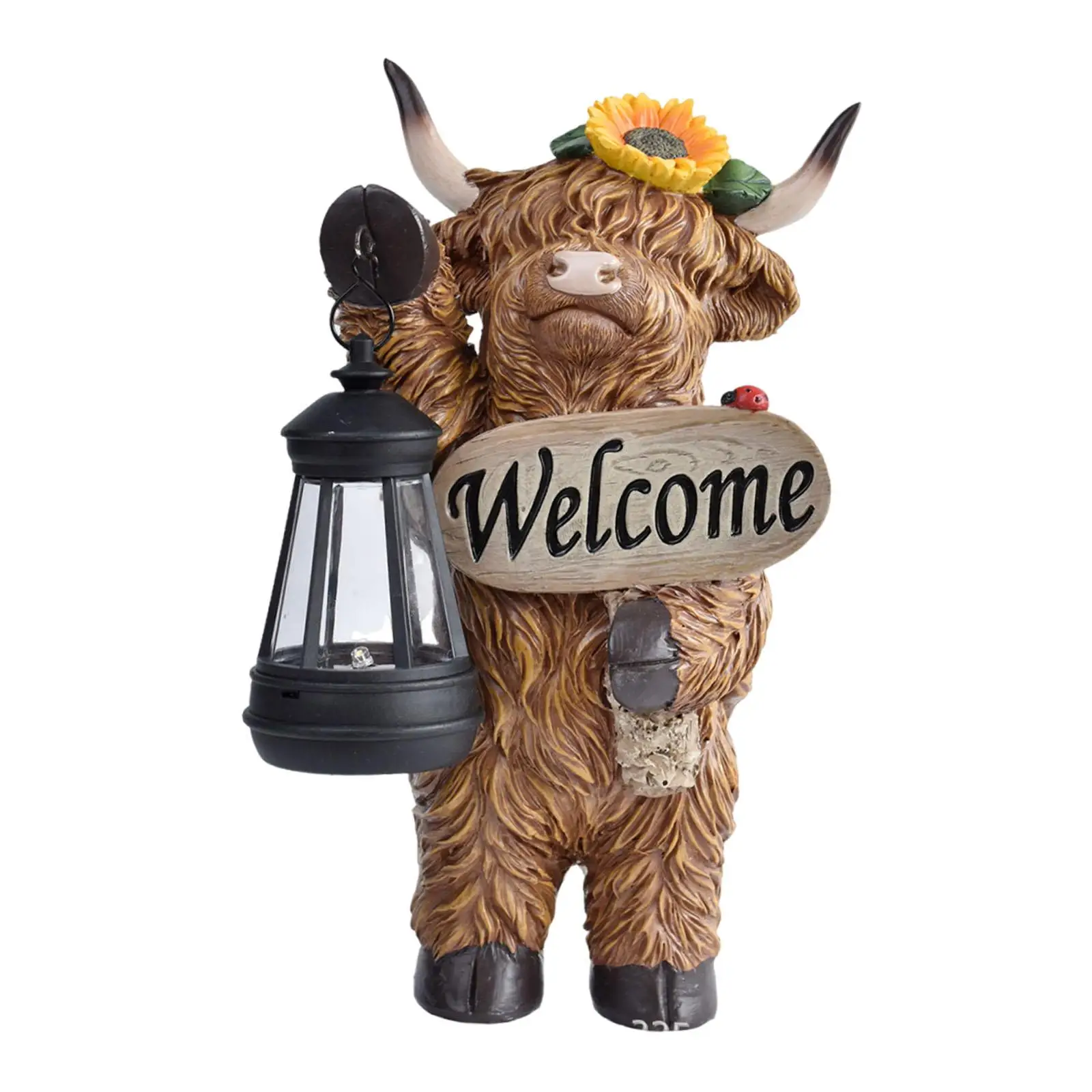Highland Cow Statue with Solar Lantern,Gifts Ornament Lovely Landscape Lamp,Resin Figurine for Outside Garden Lawn Yard Patio