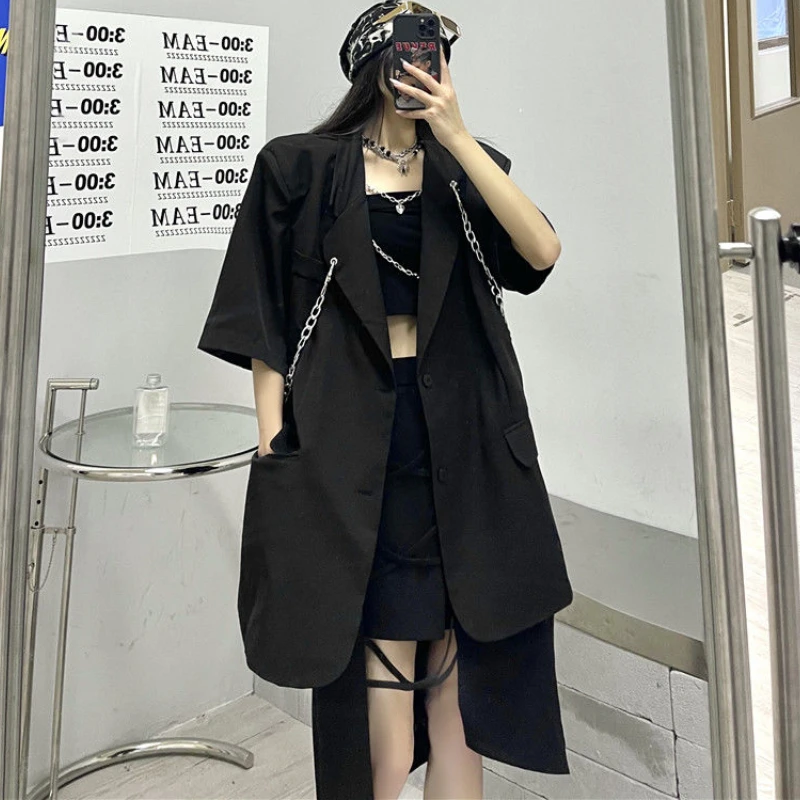 Long Blazers Women Design Spliced Streetwear Hipster Loose Creativity Casual Korean Style Fashion Summer Breathable Personality