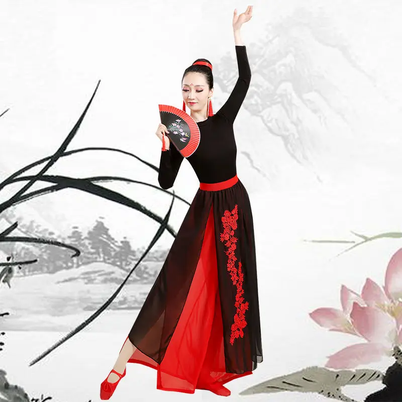 Das klassische Tanzaufführungskleid, elegantes chinesisches Windmädchen, Gruppenfächertanz, Trainingskleid im antiken Stil, Set, Tanzkleid