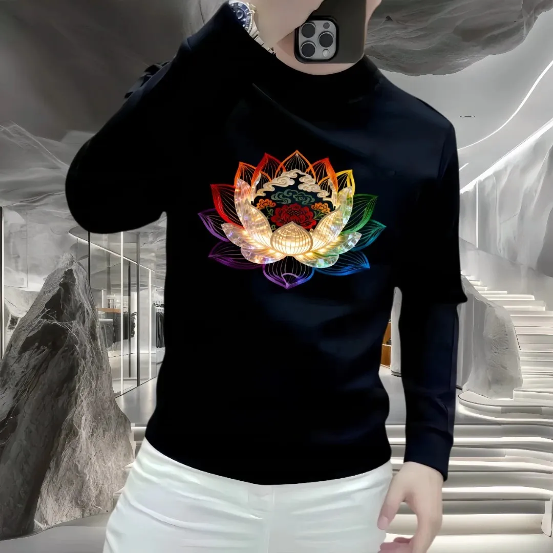 

Утепленная толстовка с принтом лотоса, осенне-зимняя повседневная модная толстовка с круглым вырезом и длинными рукавами