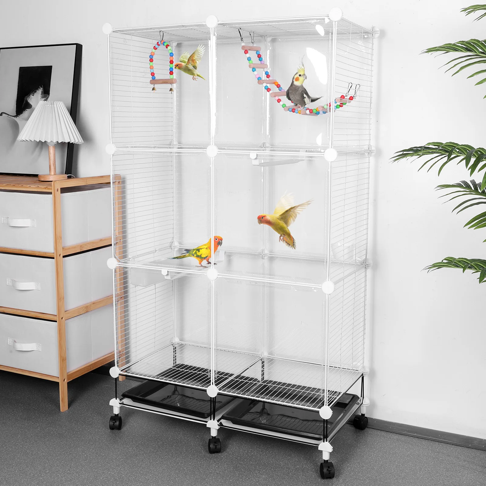 Oversized Bird Cage with Rolling Stand Swing Ladder Anti-Clogging Feet Splash-Proof Luxury Villa for Parrot Cockatiel Myna Finch