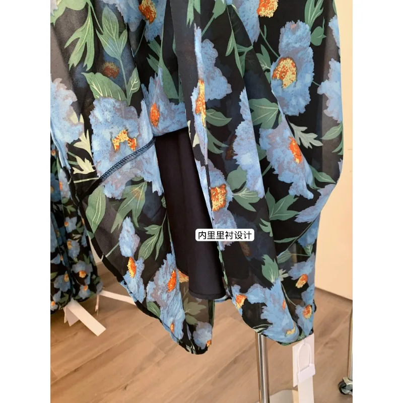 Elegante Süße V-ausschnitt Lange Chiffon Kleid Frauen 2025, Sommer Spitze Patchwork Slim Fit Midi Sommerkleid Weibliche Frau Kleidung