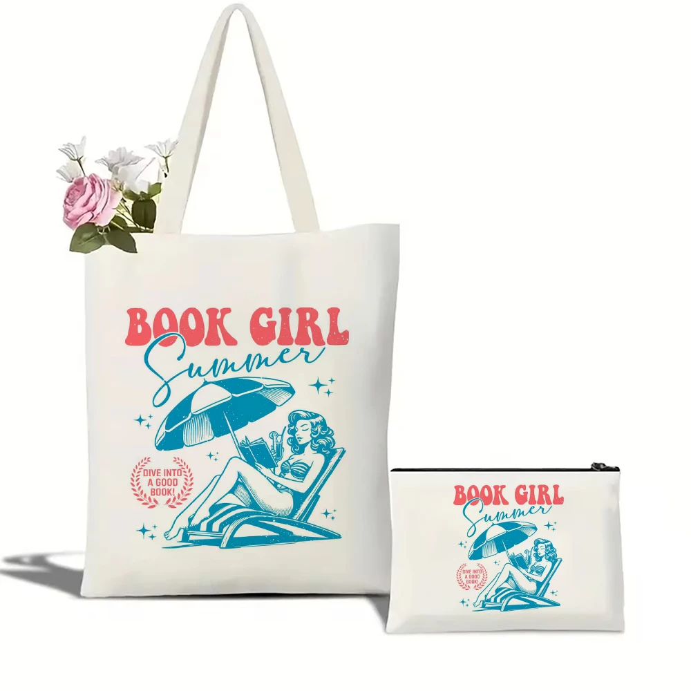 Retro Book Girl Summer Dive Into A Good Book Tote Bag Set Women Shoulder Handbag Cosmetic Bag Capacity Shopping Bag Travel Pouch