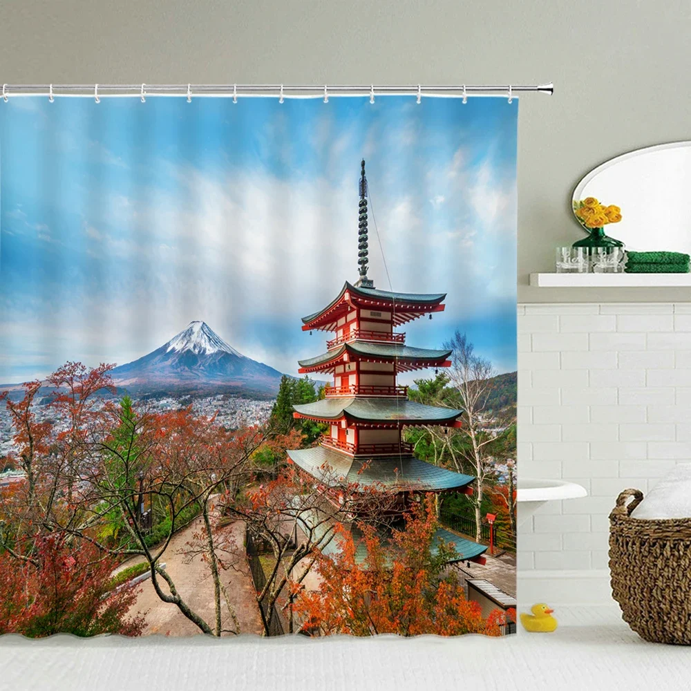 Washable Shower Curtains Fuji Mountain Cherry Blossoms Scenery 3D Waterproof Fabric Bathroom Large 240X180 Print Shower Curtain