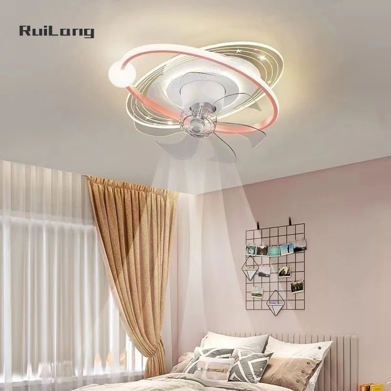 Modern Led Bedroom Ceiling Fan With Light For Kids Room Child Boys Girl Children Room Chandelier Fan Gold Planet Space Lighting