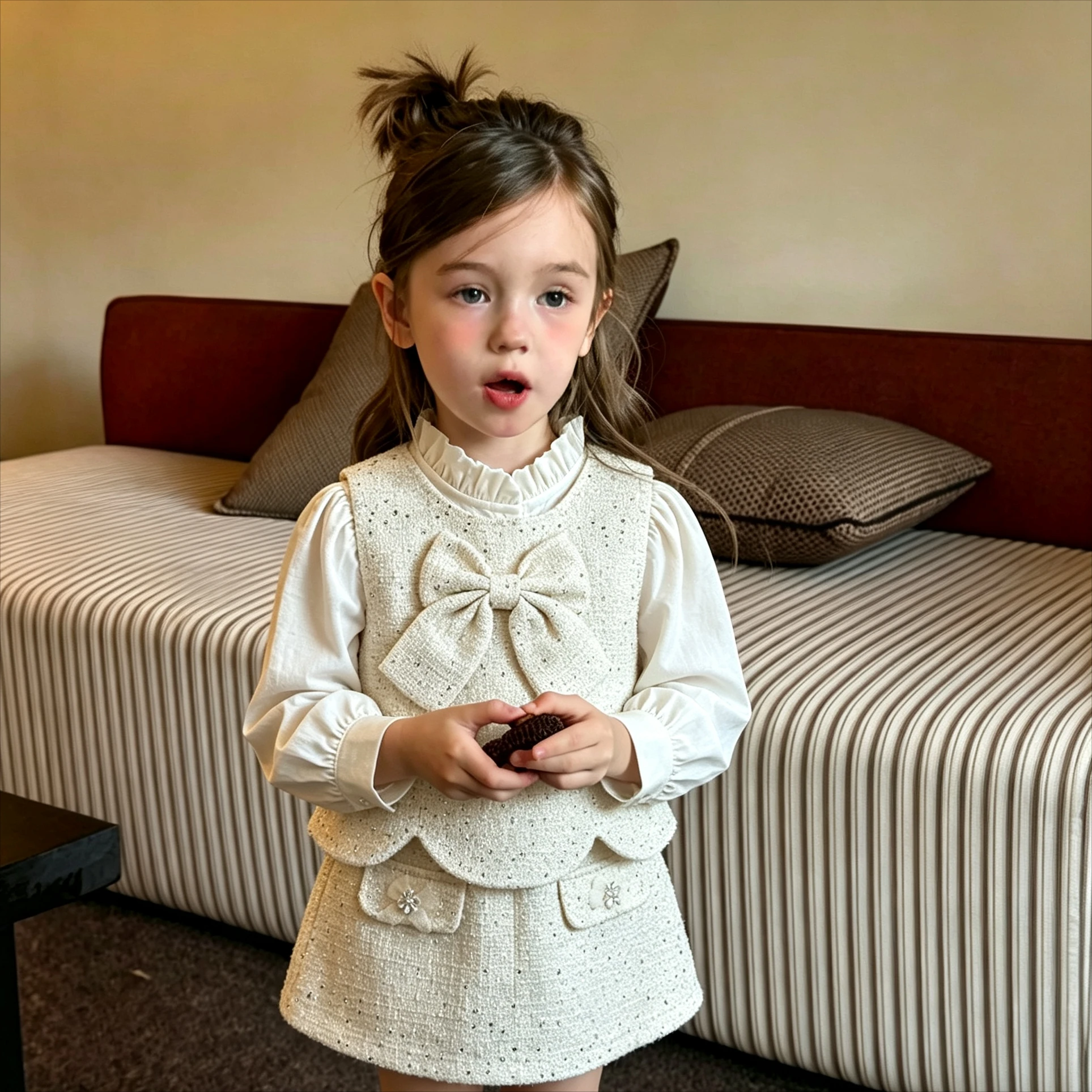 2026 Spring and Autumn Girls' Set New Sequin Bow Vest Long Sleeved Shirt Half Skirt Small Fragrant Style Three Piece Set