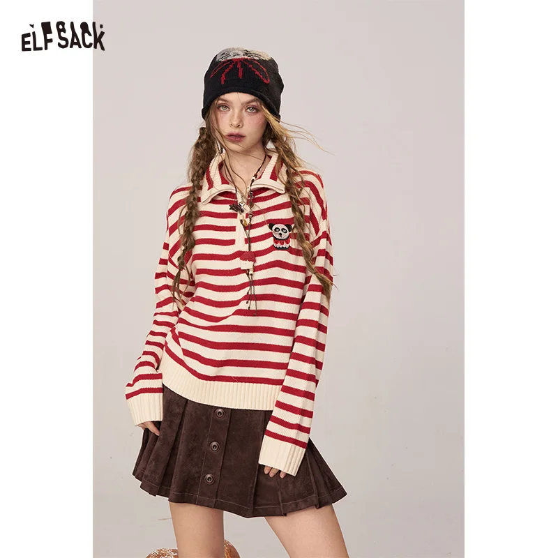 

ELFSACK 2025, зимние новые поступления, повседневный полосатый вязаный свитер с длинными рукавами и рисунком панды для женщин