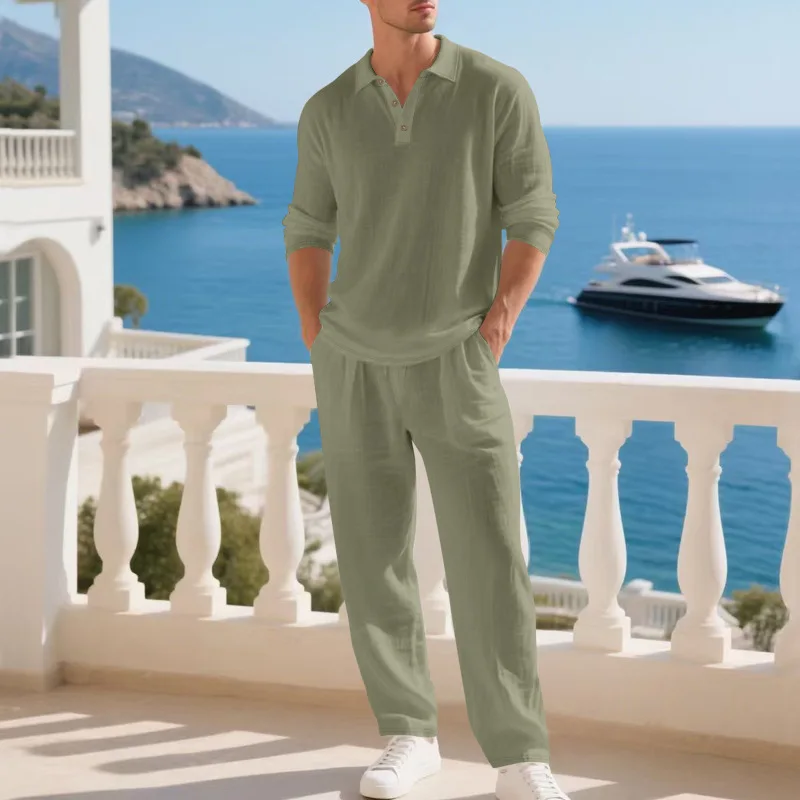 2026 Cross-border linnen heren casual losse eenvoudige poloshirt met lange mouwen en broek, tweedelig set