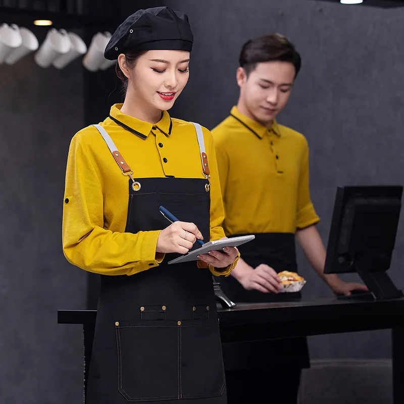 Seragam Kerja Pelayan Hotel Katering Kaus Katun Lengan Panjang Restoran Barat Teh Susu Hot Pot Restoran BBQ Ruang Depan Kerja U