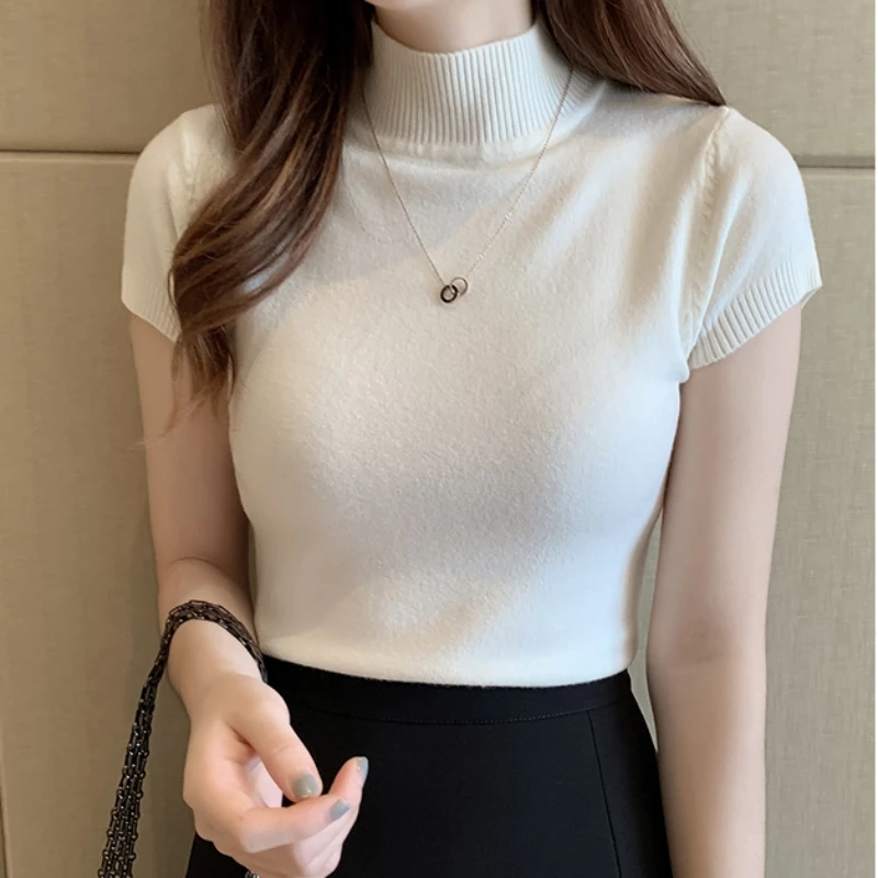 2024 Fashion Spring Korean Casual Women Clothing New Knitted Tops Summer Solid Slim Knitwear Turtleneck Blouses 8622