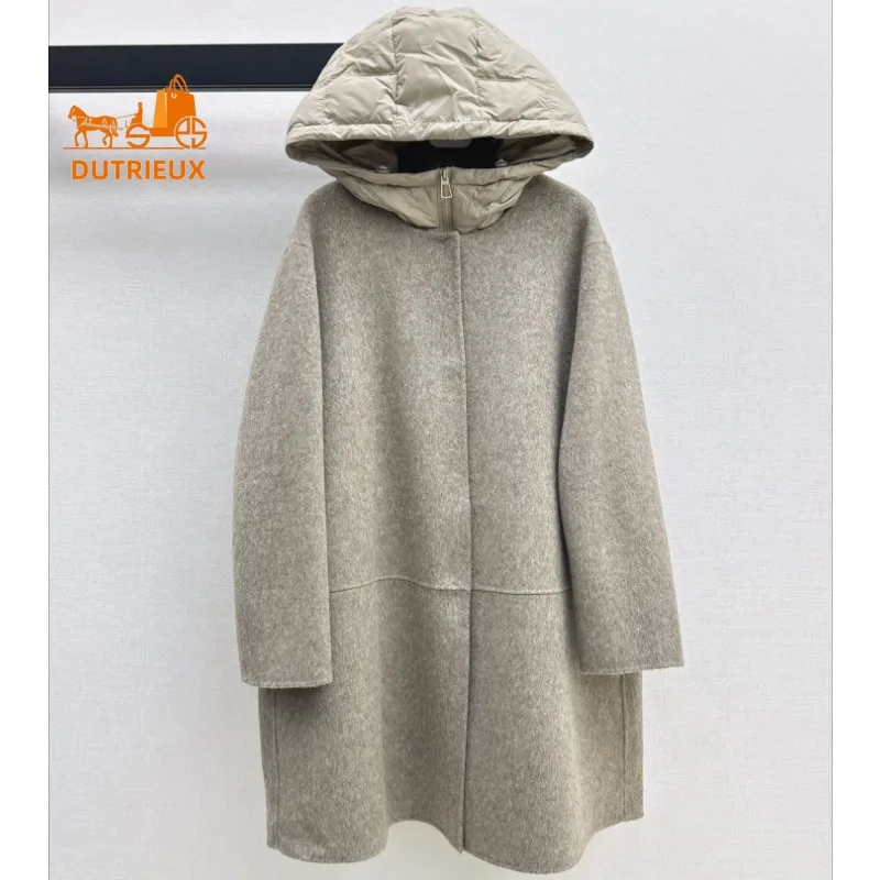 2024 Winter New Coat for Women, Spliced Cashmere Hooded Mid-length Down Jacket with Detachable Lining and Down Vest for Warmth