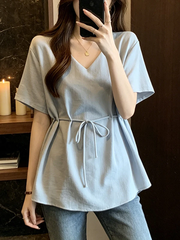 

Summer 2026 Casual Versatile Korean Design V-Neck Short Sleeve Shirt Waist-Cinching Belly- Concealing plus Size Women's Top