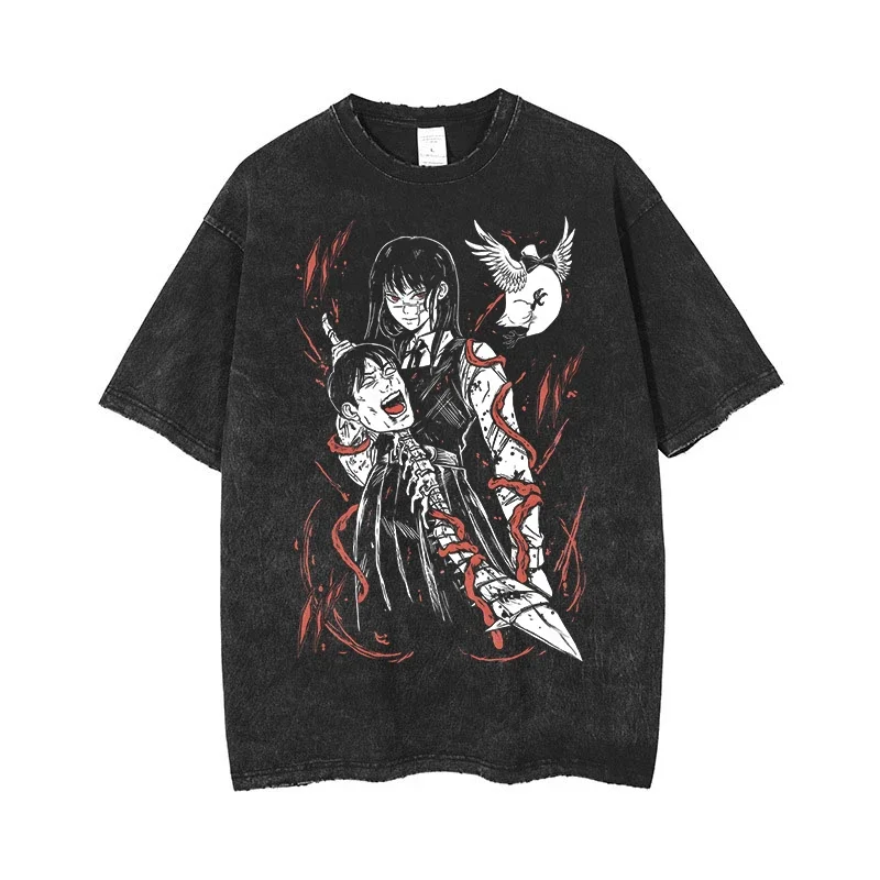 Anime Láncfűrész Férfi ACID tshirt retro évjárat washed Imprimé kelme Grafikus T Ing Nők harajuku Gyapot Alkalmi Porhanyós Ingujj tshirt