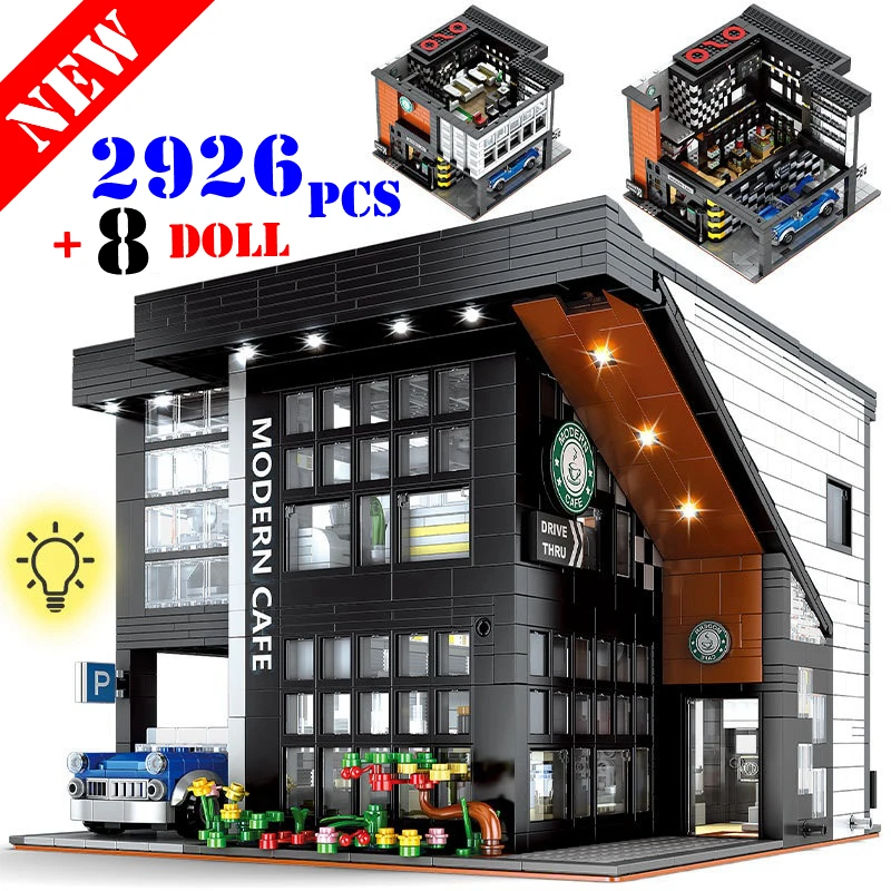 

Modern Coffee Shop Model City Architecture Street View Building Blocks Cafe Construction Set Moc Bricks DIY Assembled Toys Gifts