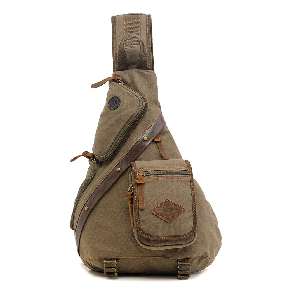 CFUN YA Vintage Canvas Men Chest Sling Bag with Multiple Pockets Adjustable Strap and Cotton Lining for Outdoor Travel Daily Use