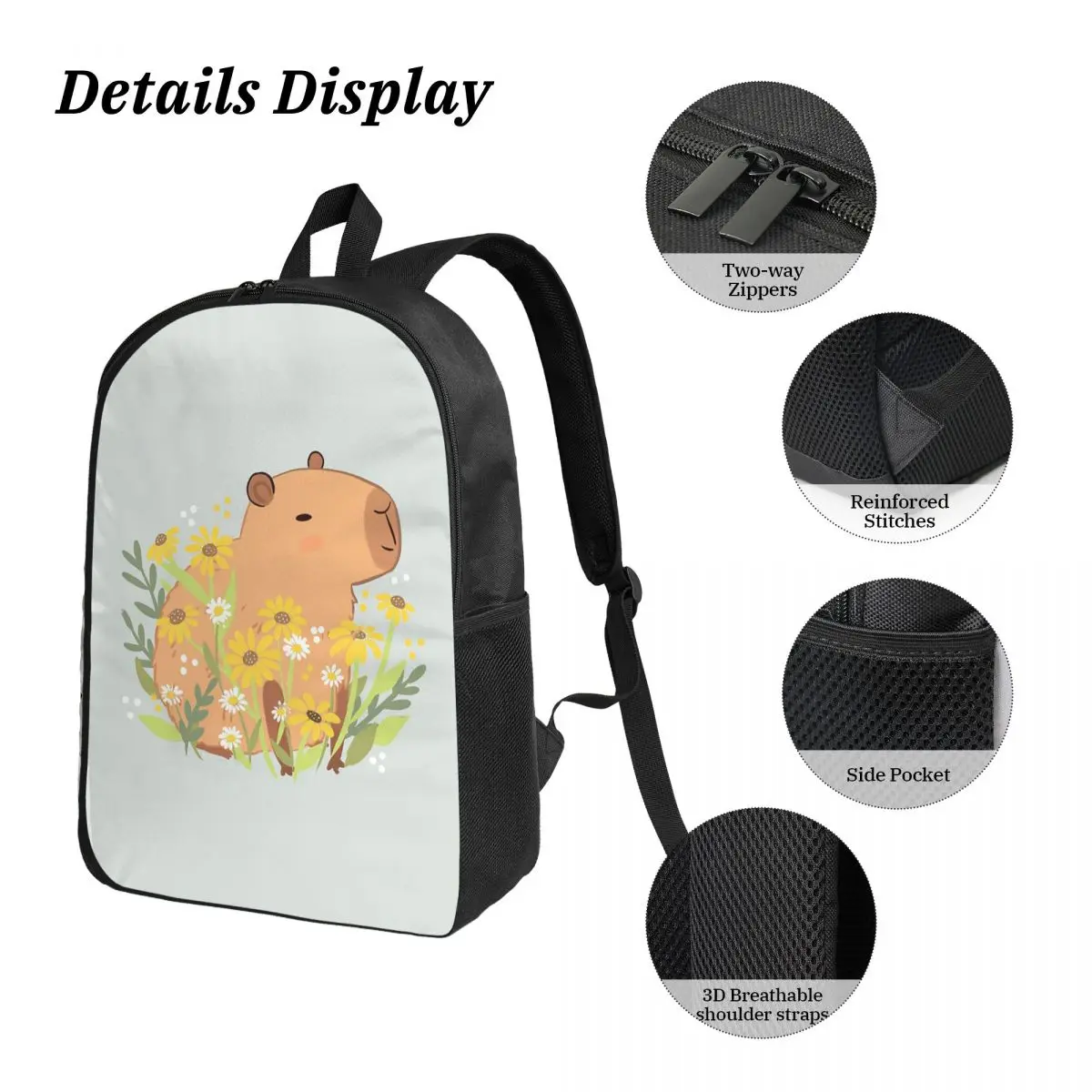 كابيبارا مع زهور الأقحوان على ظهره بنين بنات BookBag حقيبة مدرسية كمبيوتر محمول حقائب كتف 3ps معزول حقيبة الغداء مقلمة #3