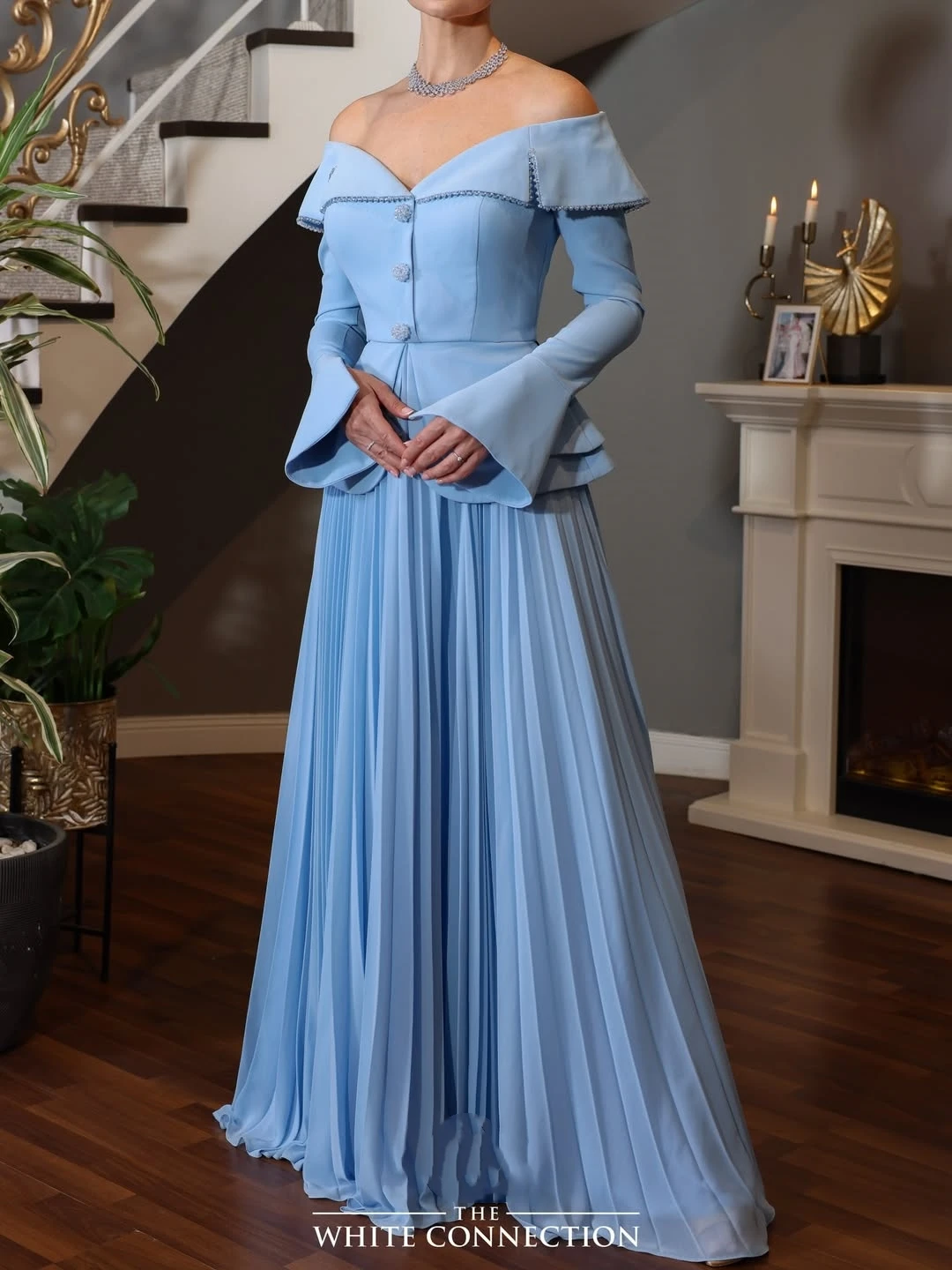 Vestidos de Festa Oisslec Elegantes Vintage Azul Doce com Decote Canoa em Chiffon Personalizados para Ocasiões Formais e Festas Noturnas