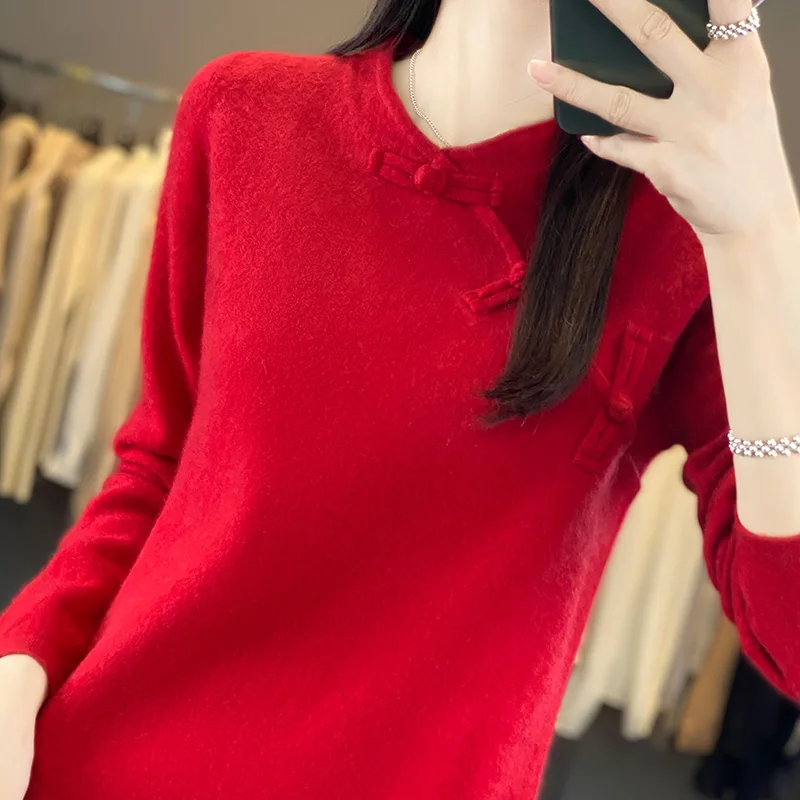 Vintage Knitted Pullover Women's 100% Wool Sweater Half High Collar Loose Slim Fashion Sweater Chinese Style Top Autumn Winter