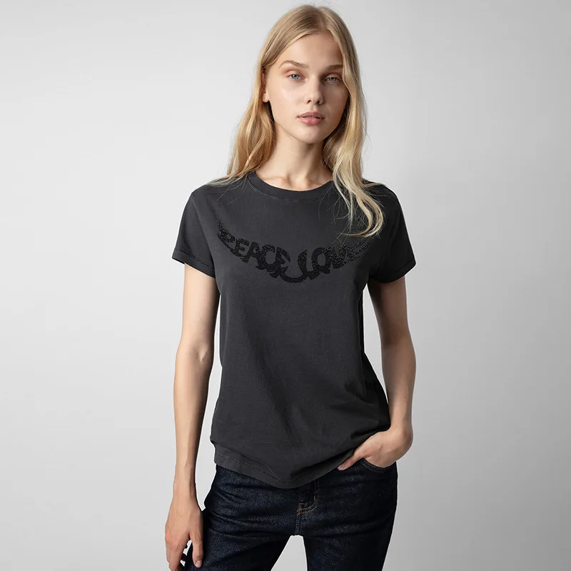 

Ранняя весна, новая французская ниша с принтом крыльев, горячая алмазная стирка, жареный цвет, хлопковая тонкая женская футболка с короткими рукавами