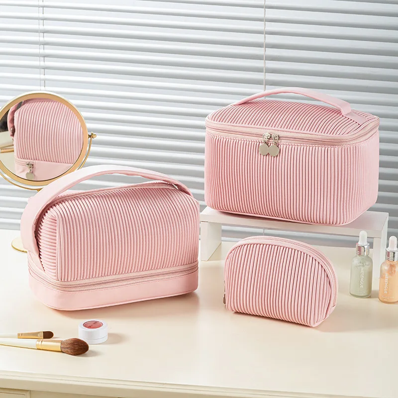 Large Capacity Double-Layer Handbag for Traveling Cream Toast Makeup Bag Portable Storage Bag