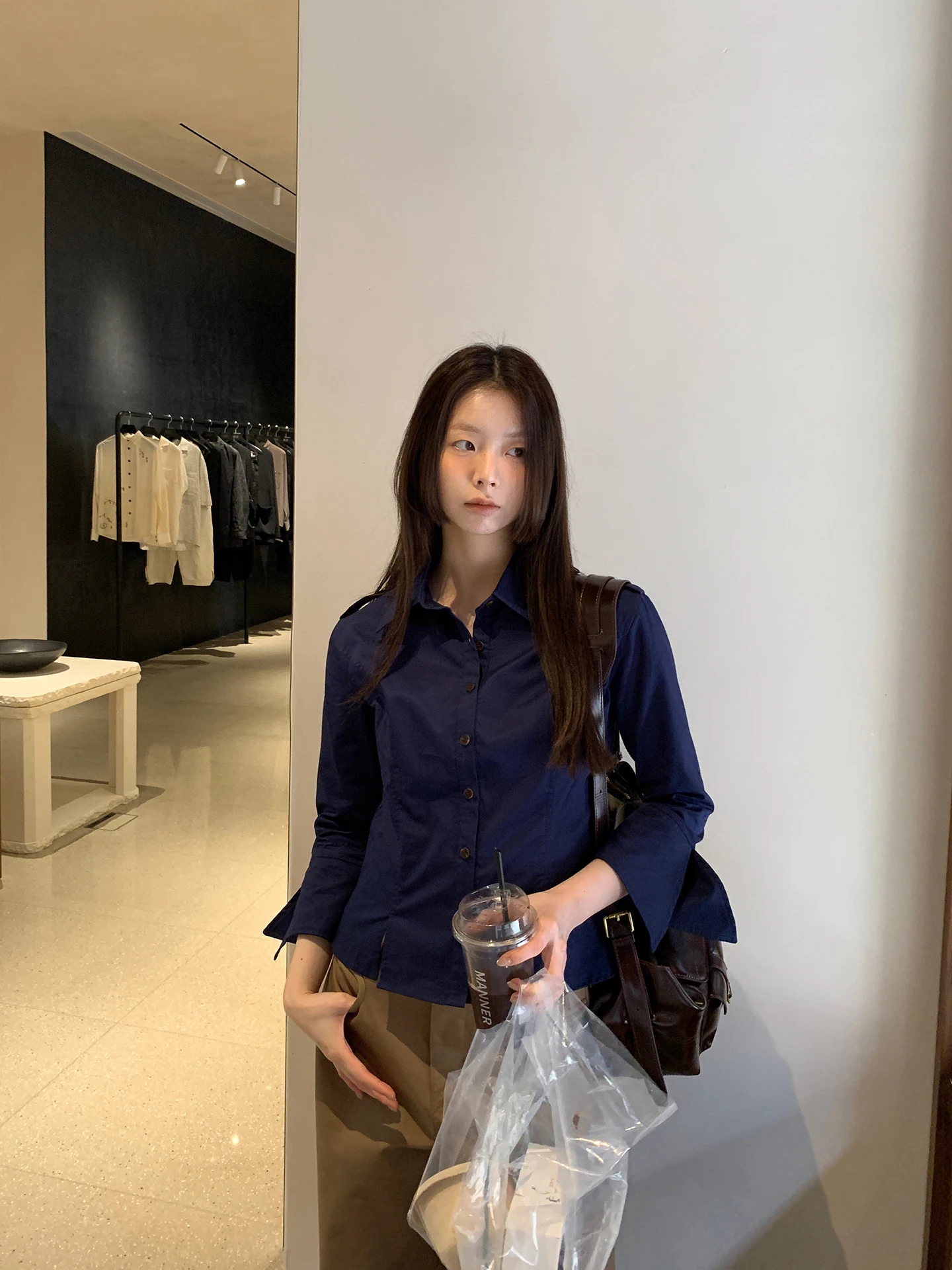 

Ele Slim Fit Long Sve irt Women's Summer Breathable Cotton Collar Button down High Waist Cut out Beautiful Top