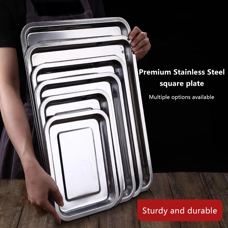 1Pc Stainless Steel Barbecue Tea Storage Serving Trays Rectangle Steamed Rice Sausage Plate Grill Meat Restaurant Metal Utensils