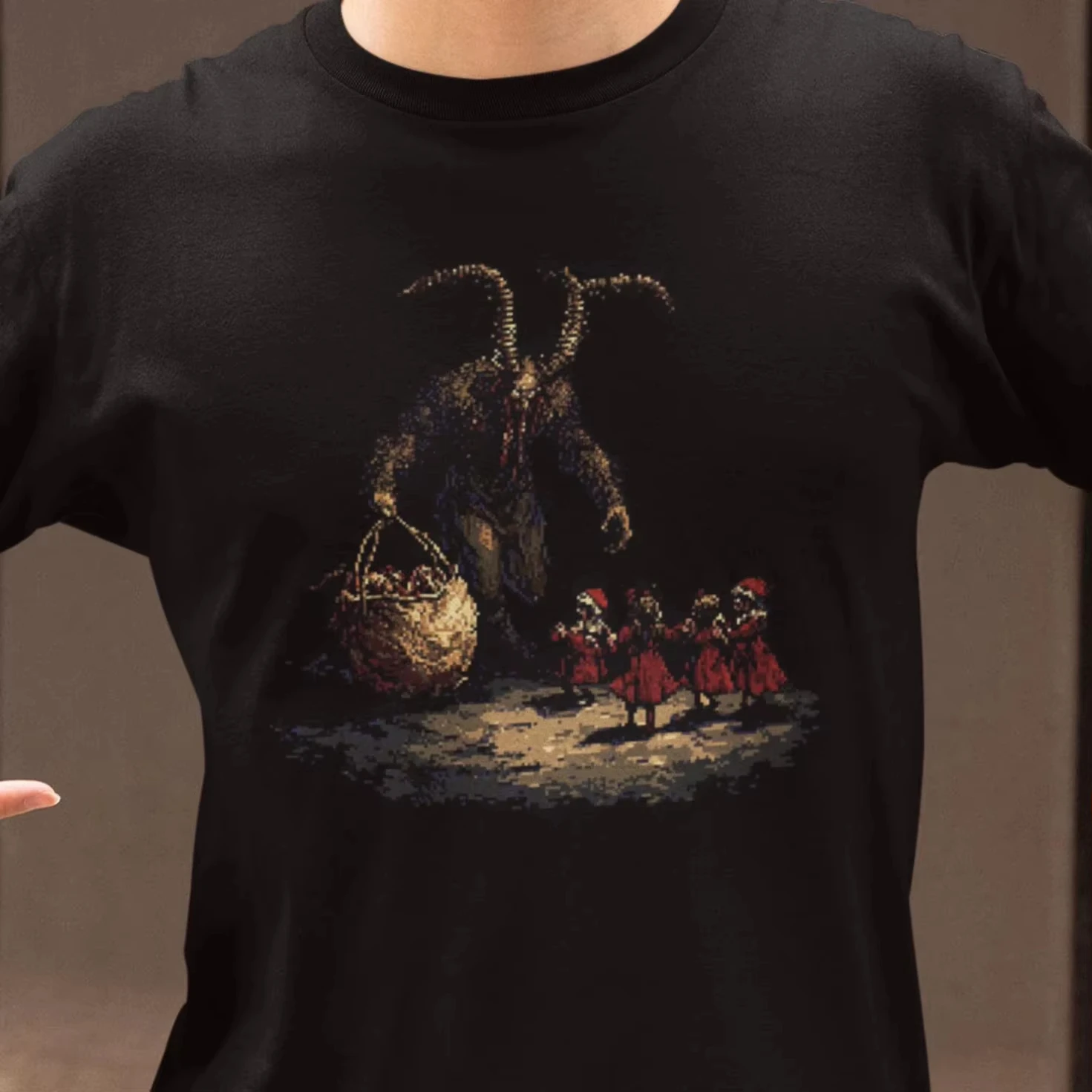 Krampus Pixel Art Tee Retro Christmas Horror Tee Gothic Holiday Gift Unisex Cotton T Dark Folklore Graphic Spooky Winter Design
