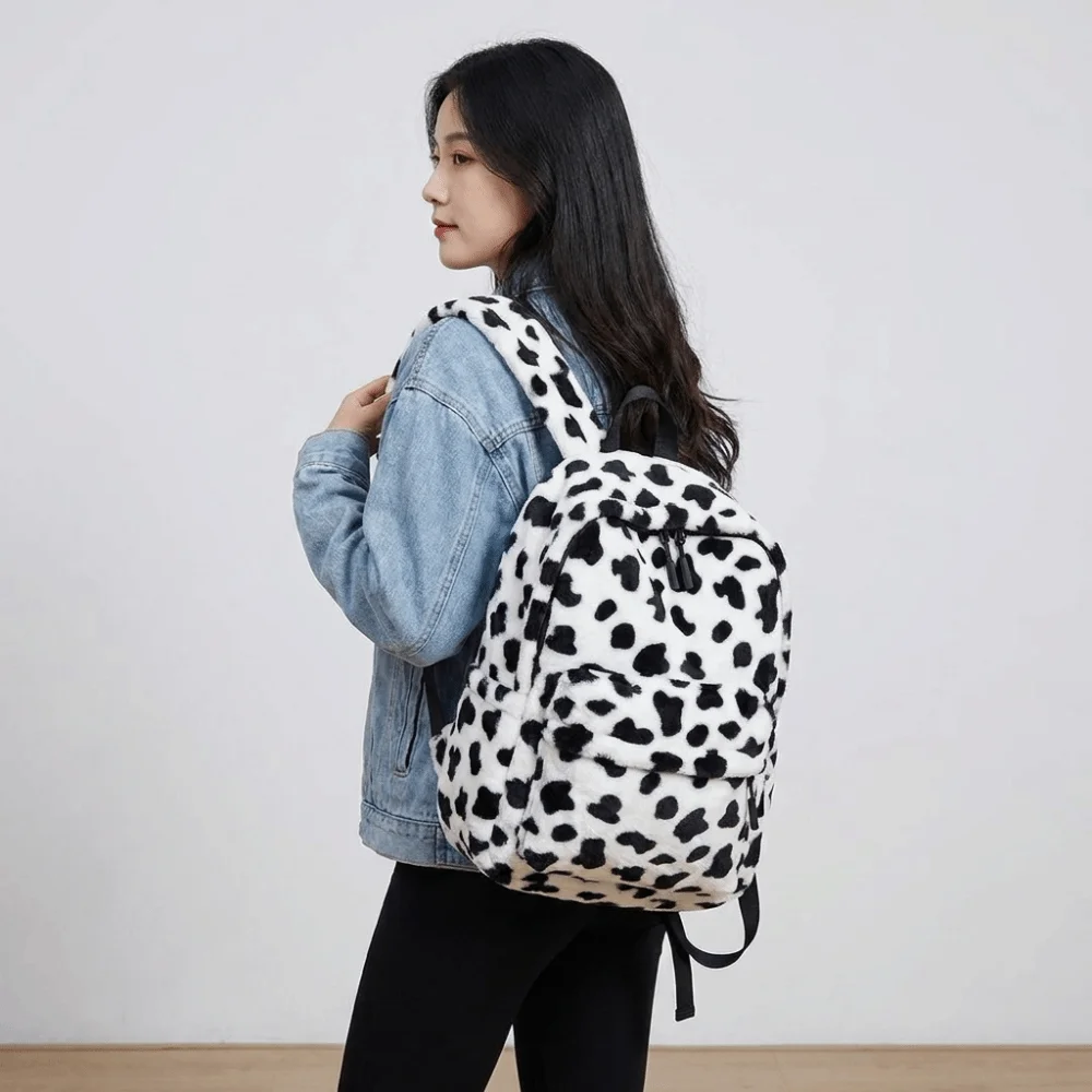 Plush Leopard Print Backpack Lightweight Harajuku Students School Bag Large Capacity College Style Students Daypack Work