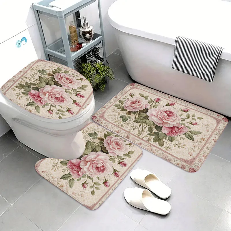 Floral Rose Pattern Bathroom Mat Set 3 Piece Vanity Rug Bath Mat Toilet Mat Luxury Home Decor