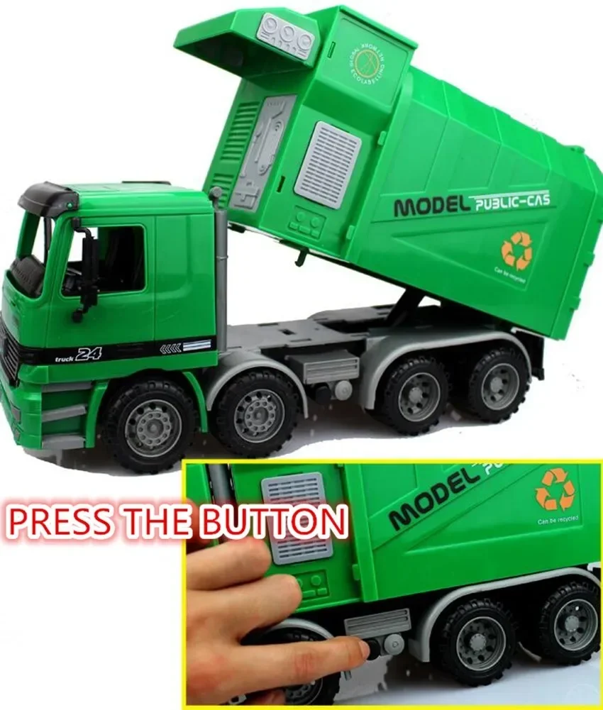 [Gift] Big Size Side Loading Garbage transfer car tricolor green trash traffic sanitation Truck Can Be Lifted With 3 Rubbish Bin