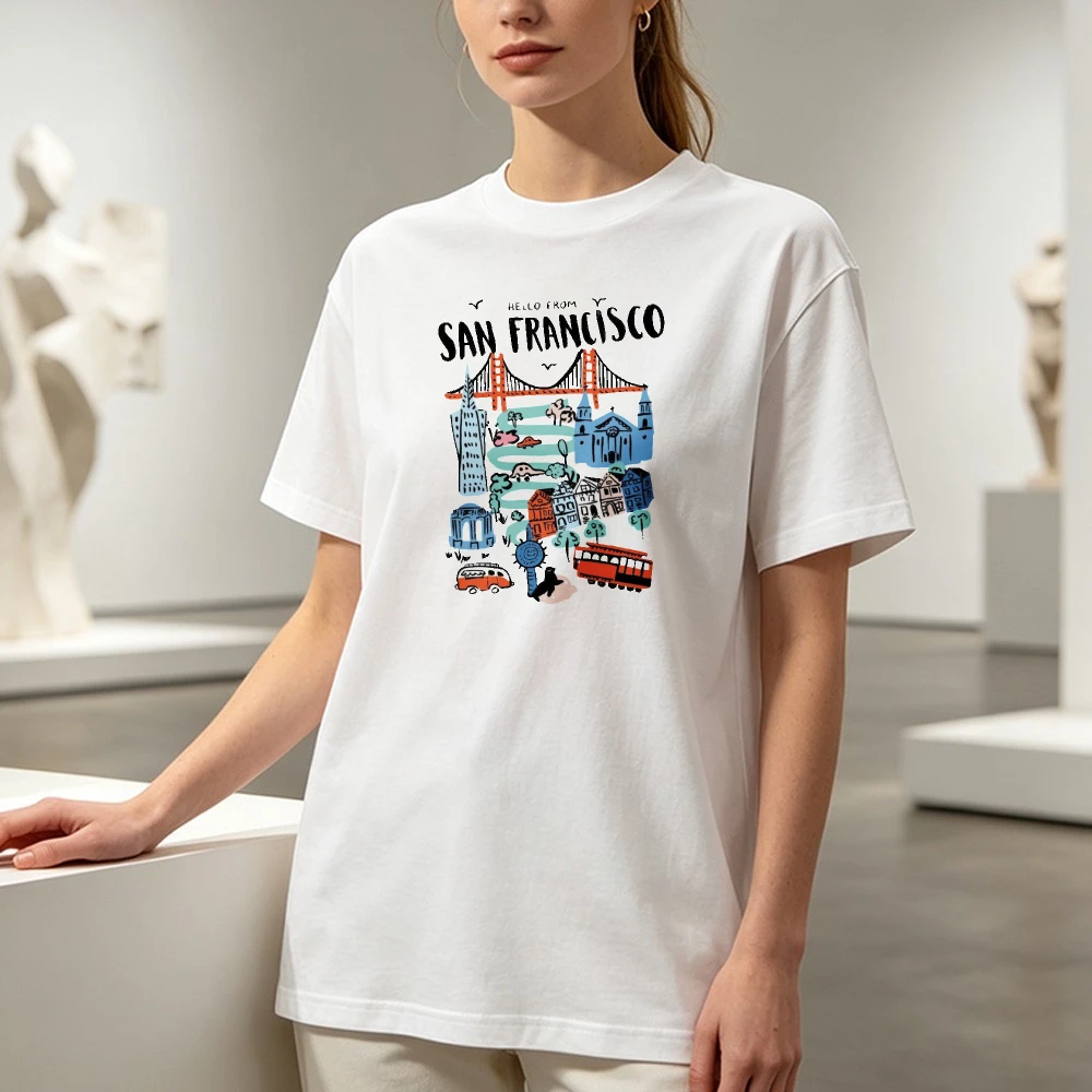 San Francisco Golden Gate Graphic Tee Cable Car City Map California Travel Souvenir Women Cotton Tops Fashion Y2k Streetwear Top