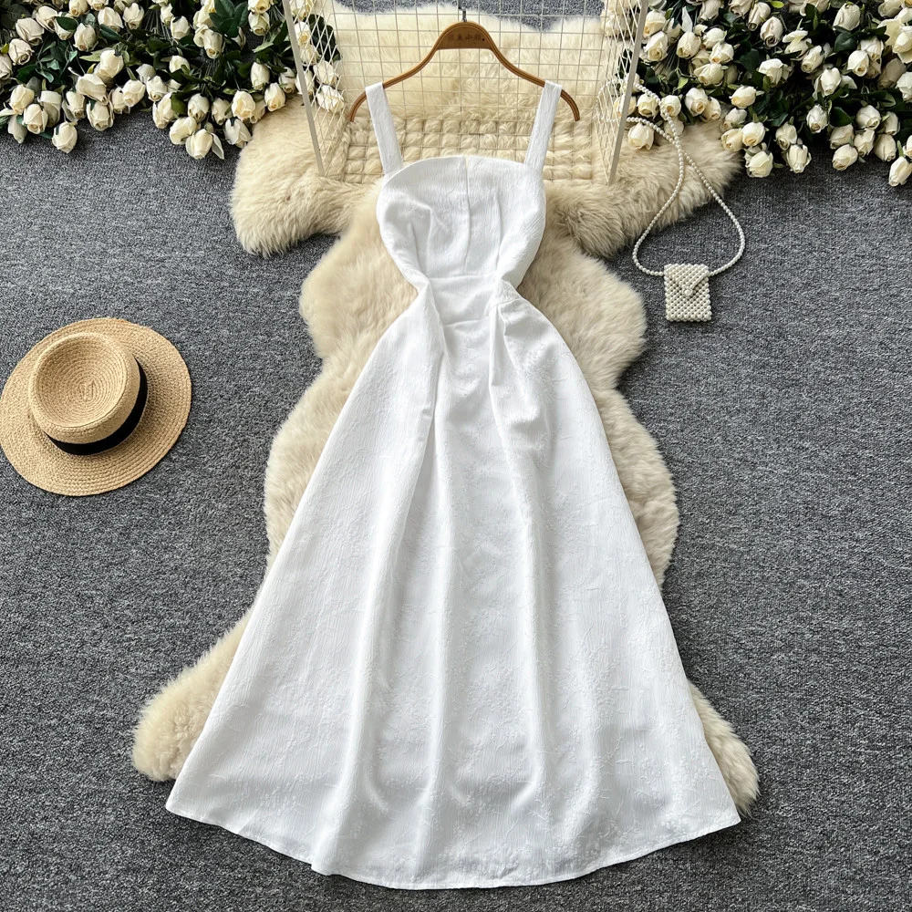 

Элегантное женское платье во французском стиле, белое, с тонкими бретелями, приталенное, А-силуэт, однотонное, длинное, для вечеринок