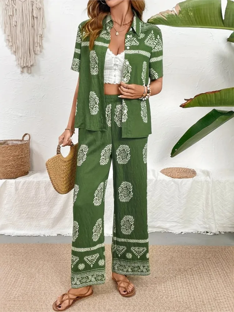 

Summer Casual Print 2 Piece Sets For Women Fashion Short Sleeve Shirts Tops Wide Leg Pants Set Lady Boho Holiday Womens Clothing