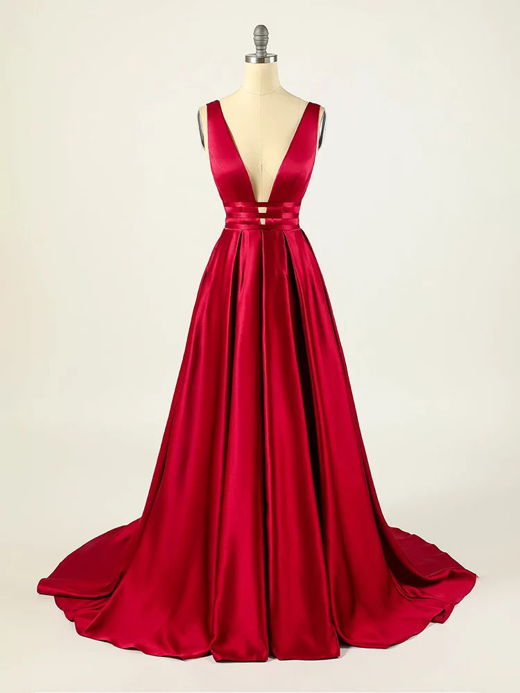 Jirocum Deep V-neck Satin Evening Dress Women's A-line Long Formal Party Prom Gowns Sexy Red Sleeveless Cocktail Dresses 2024