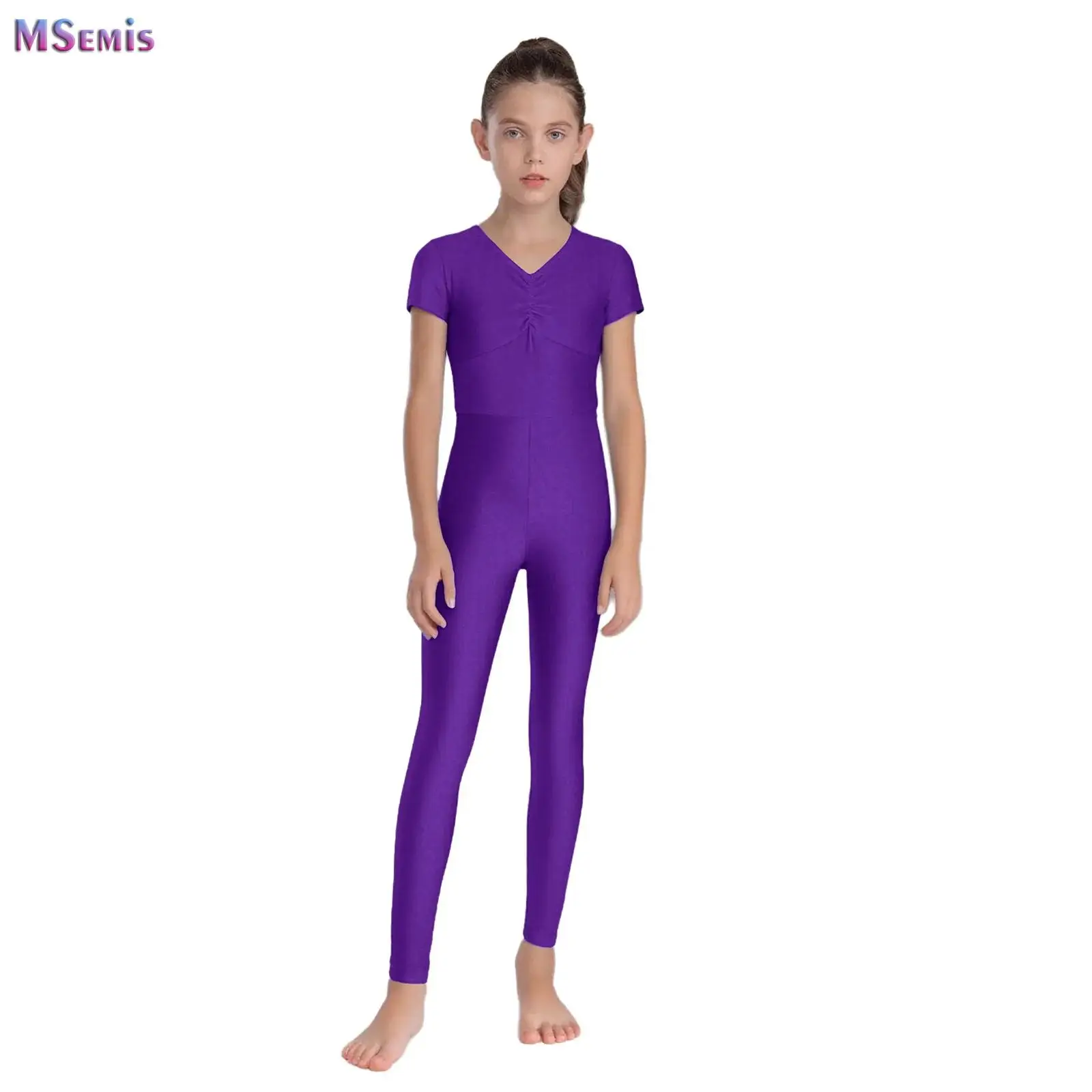 

Kids Girl Short Sleeve Ruched Ballet Dance Leotard Shiny Gymnastics Sports Jumpsuit Full Body Suit Figure Ice Skating Dancewear
