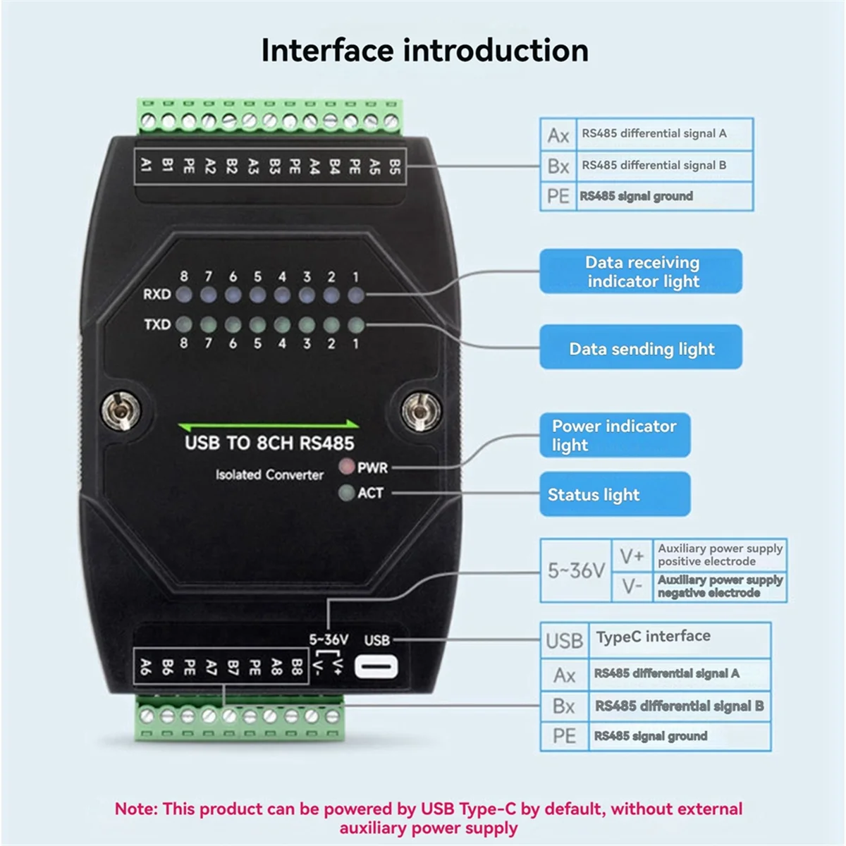 Industrial USB to 8-Channel RS485 Isolated Converter RS485 Serial Communication Converter Module with Signal Isolation