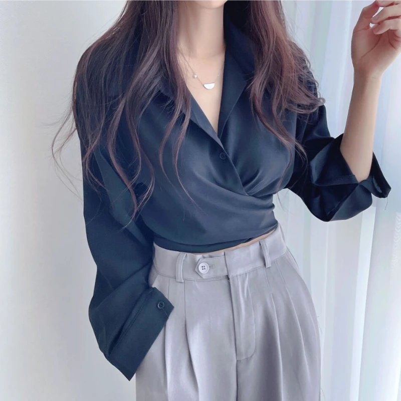 White Shirts Women Spring Korean Style Temperament Pure Chic Design Tops Lace-up Lapel New Office Lady All-match Popular Daily