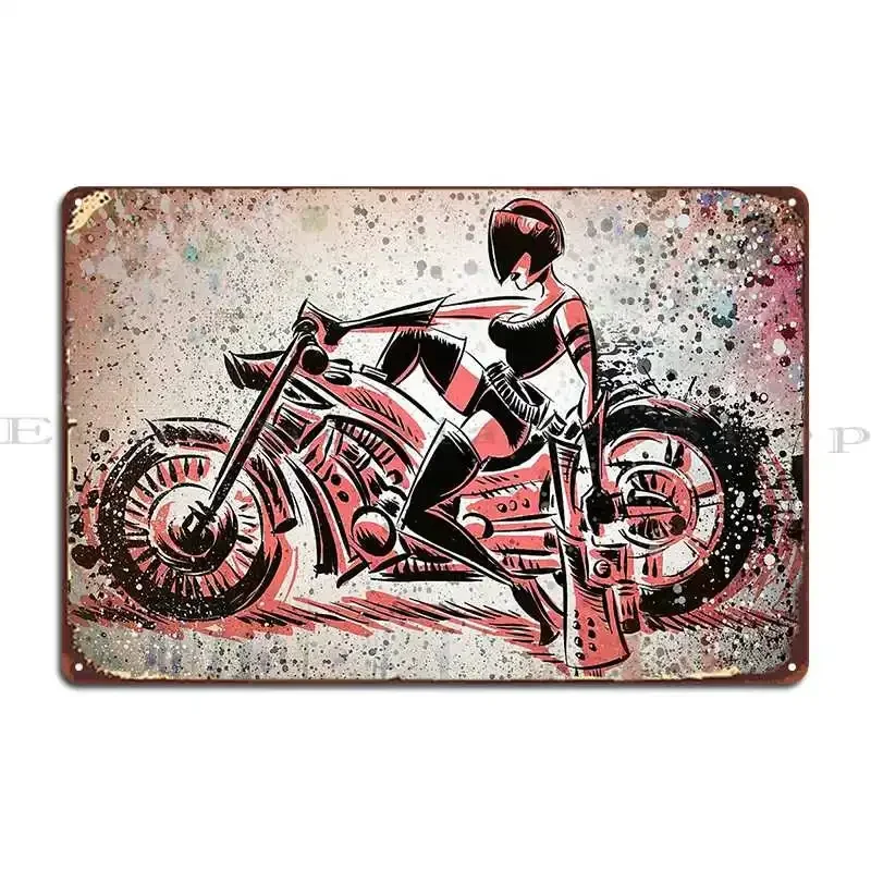 Motorcycle Girl Art Bike Woman Female Blaster Helmet Visor Wheels Chopper Metal Signs Garage Custom Wall Mural Wall Cave
