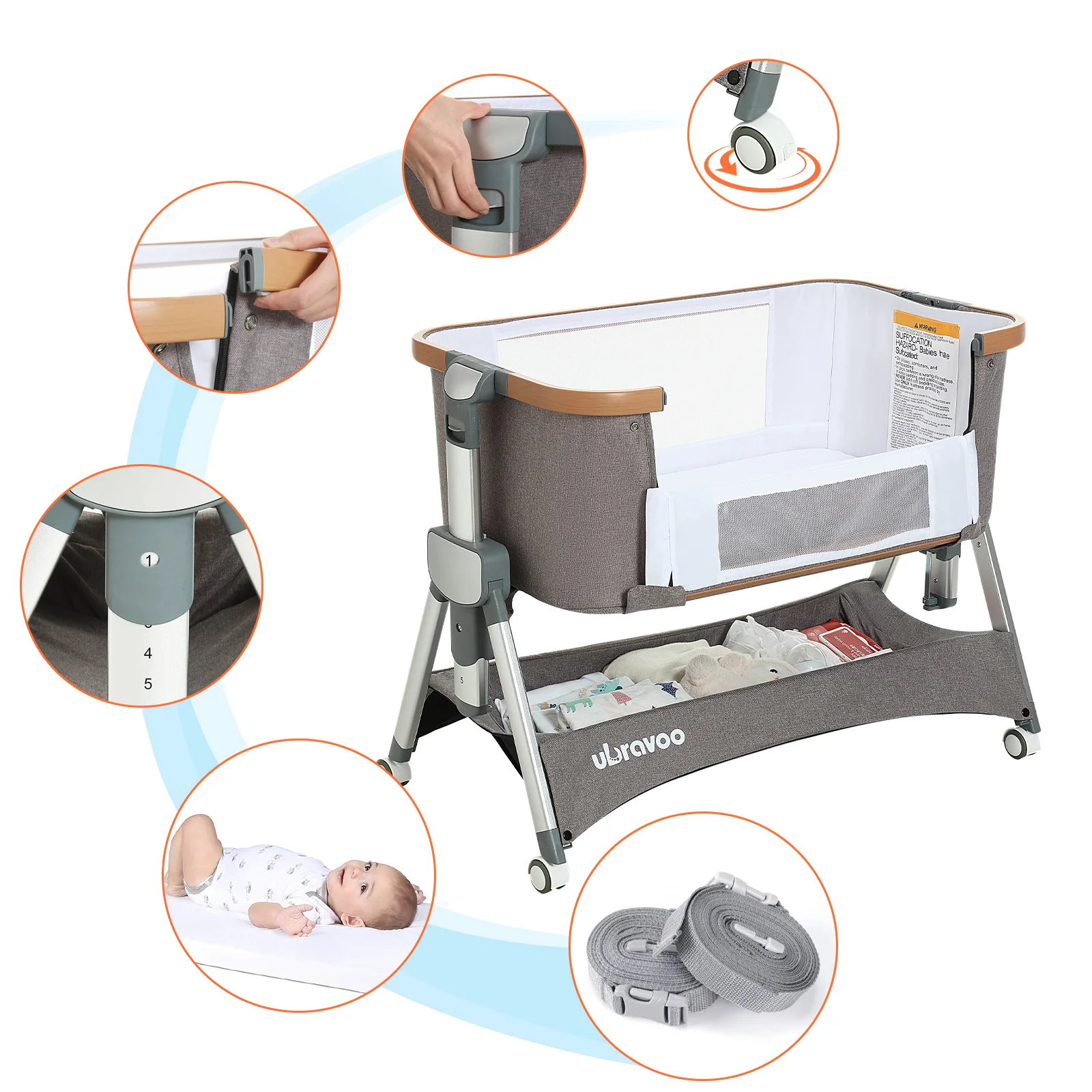 Ubravoo Foldable Baby Bedside Cribs,Portable Adjustable Bassinets for Infant Newborn Girls and Boys (Gray)